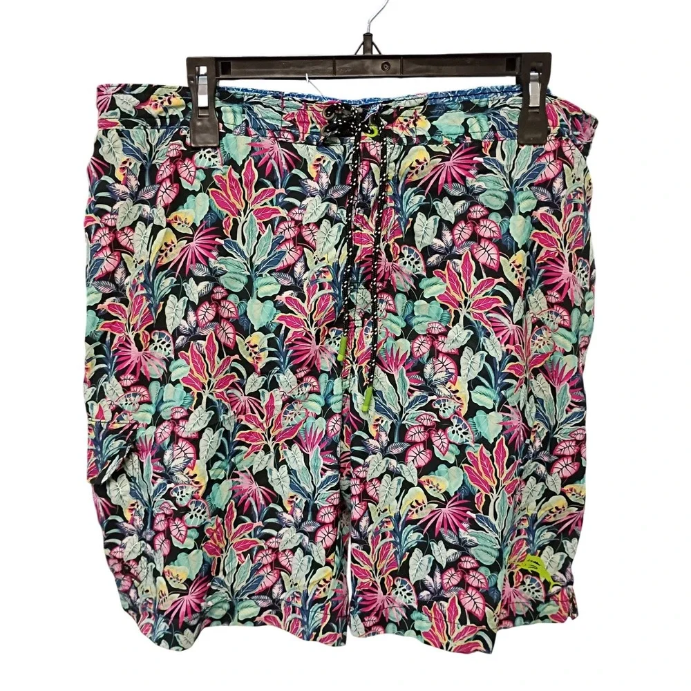 Tommy Bahama Mens XL Tropical Floral Swim Trunks Naples Board Shorts Neon Pink